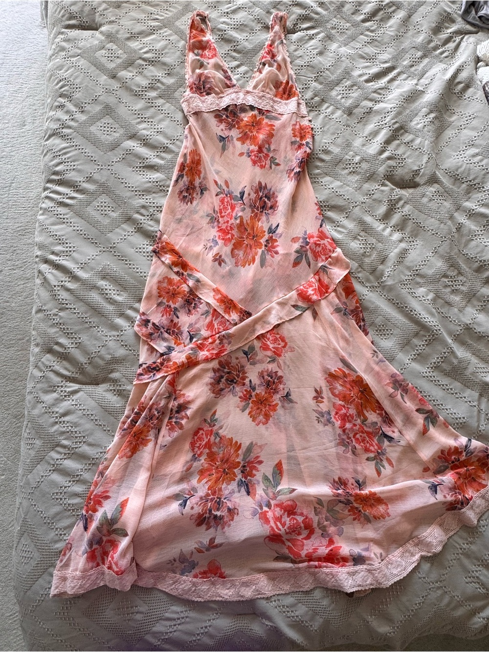 Free People Pink Floral Lace-Trim Maxi Slip Dress